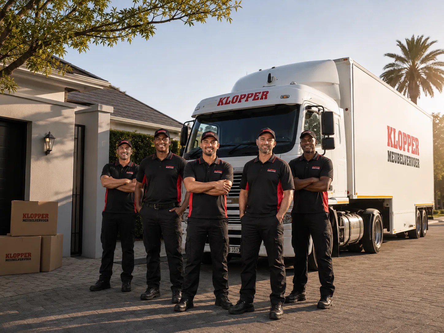 Professional Klopper moving crew beside a Klopper moving truck